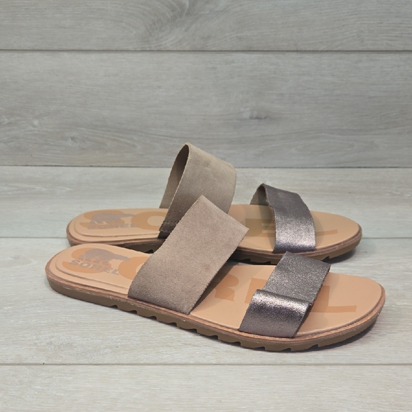 Sorel Women's Two Strap Sandals Taupe Metallic Slide Shoes Sz 9 - Picture 1 of 10